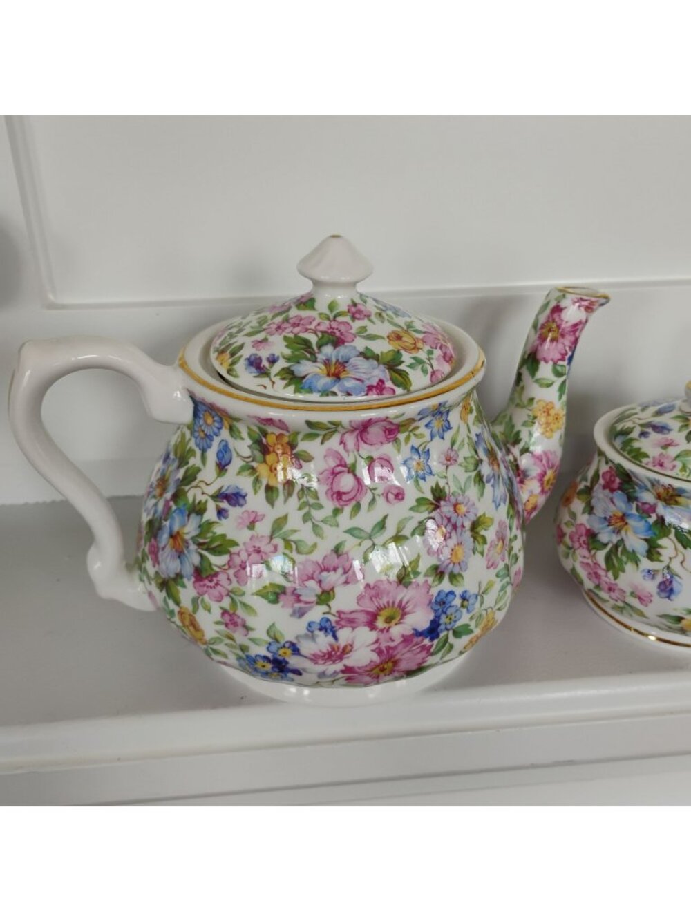 Vintage Laura Chintz Tea Set, Bone China Teapot Creamer Sugar Fine English China - Picture 7 of 10